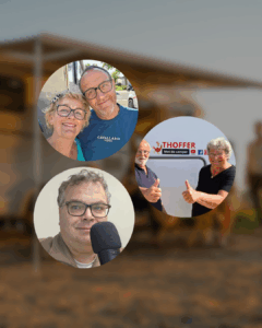 Drie ronde portretten van campereigenaren en presentator