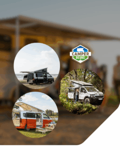 Camperbeurs-logo met drie kampeerbusjes in natuur