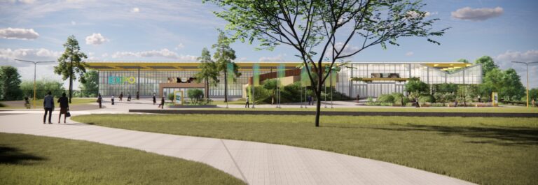 Artistieke impressie van Expo Greater Amsterdam met groen park