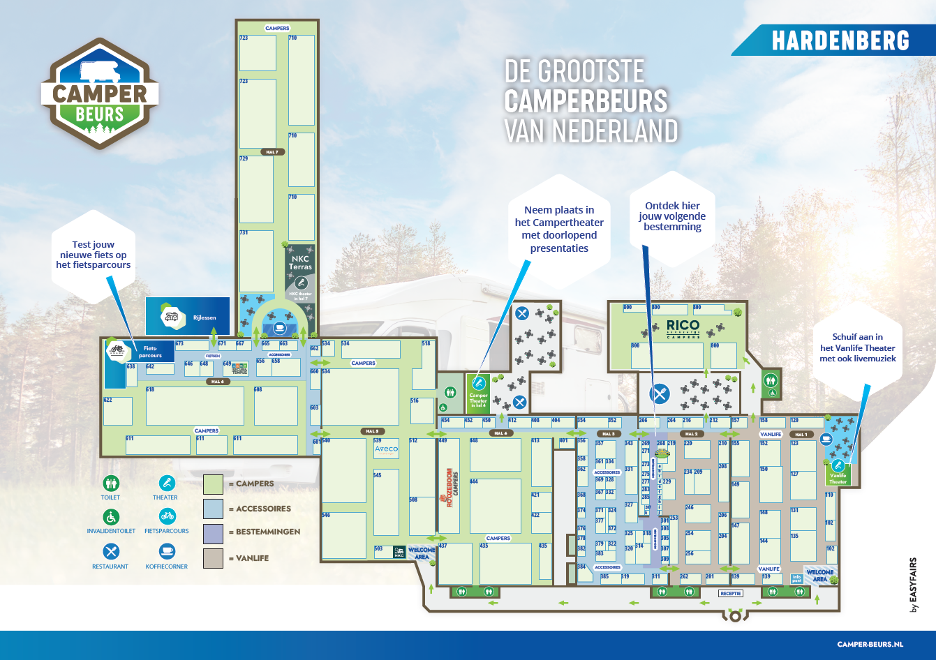 Plattegrond van Camperbeurs Hardenberg met hallen en voorzieningen
