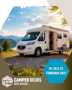 Witte camper bij bergmeer, promotie Camper Beurs Den Bosch