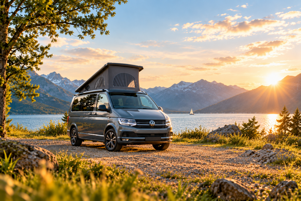 Camperbus met hefdak aan bergmeer bij zonsondergang