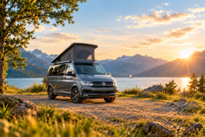 Camperbus met hefdak aan bergmeer bij zonsondergang