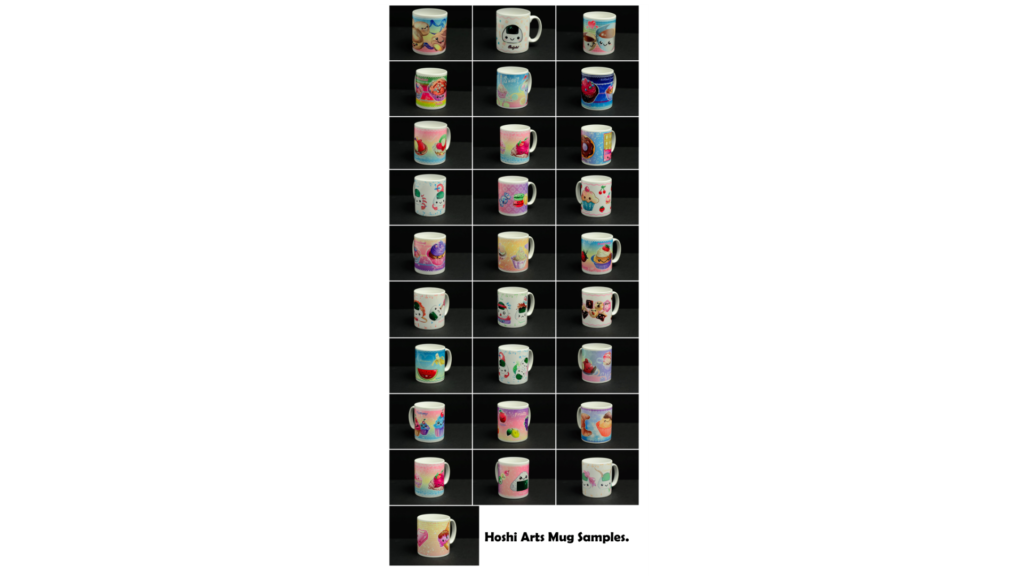 Some samples of Hoshi Arts Mugs with kawaii illustrations.