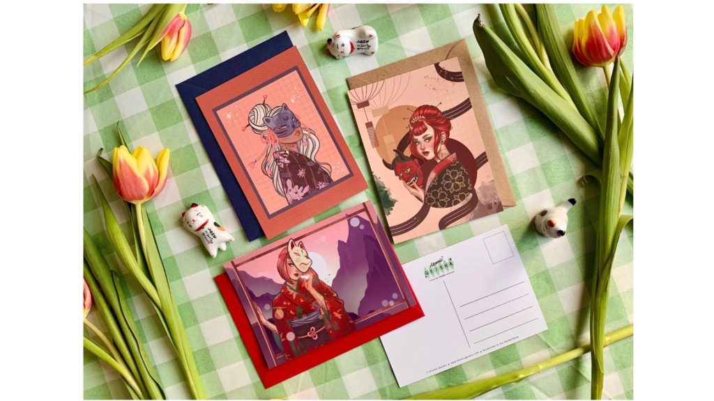 Set of 3 Japanese Mask Girls Premium A6 Postcards