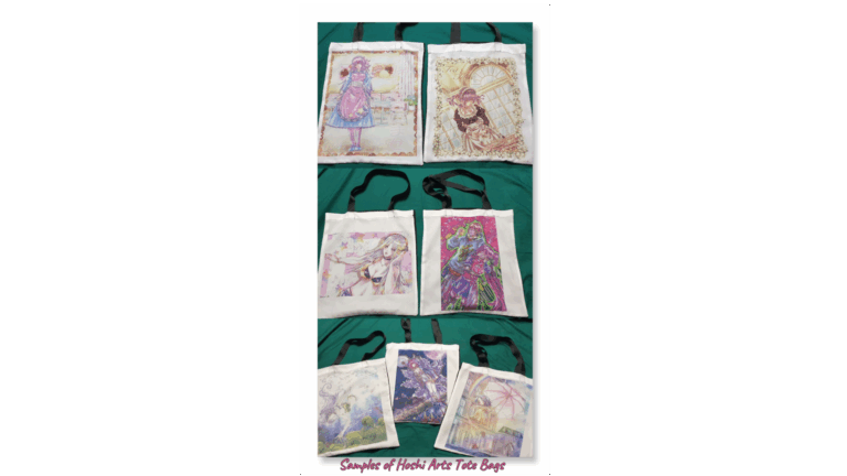 Some samples of Hoshi Arts Tote Bags/Backpacks with anime style illustrations.