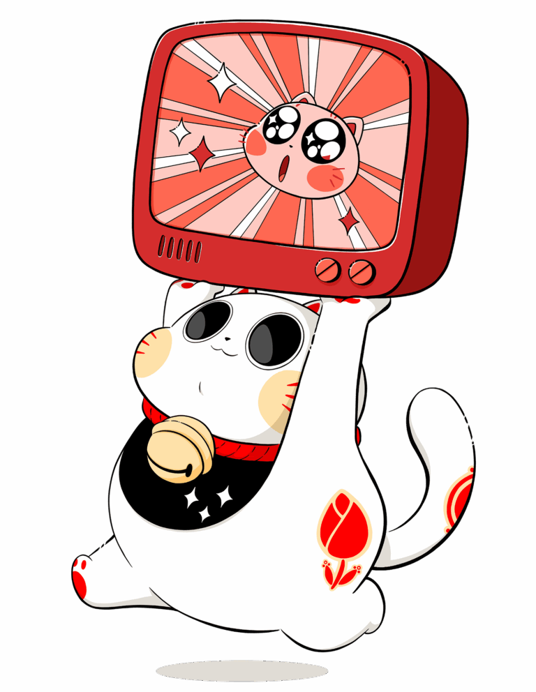 Mochi holding a television with anime