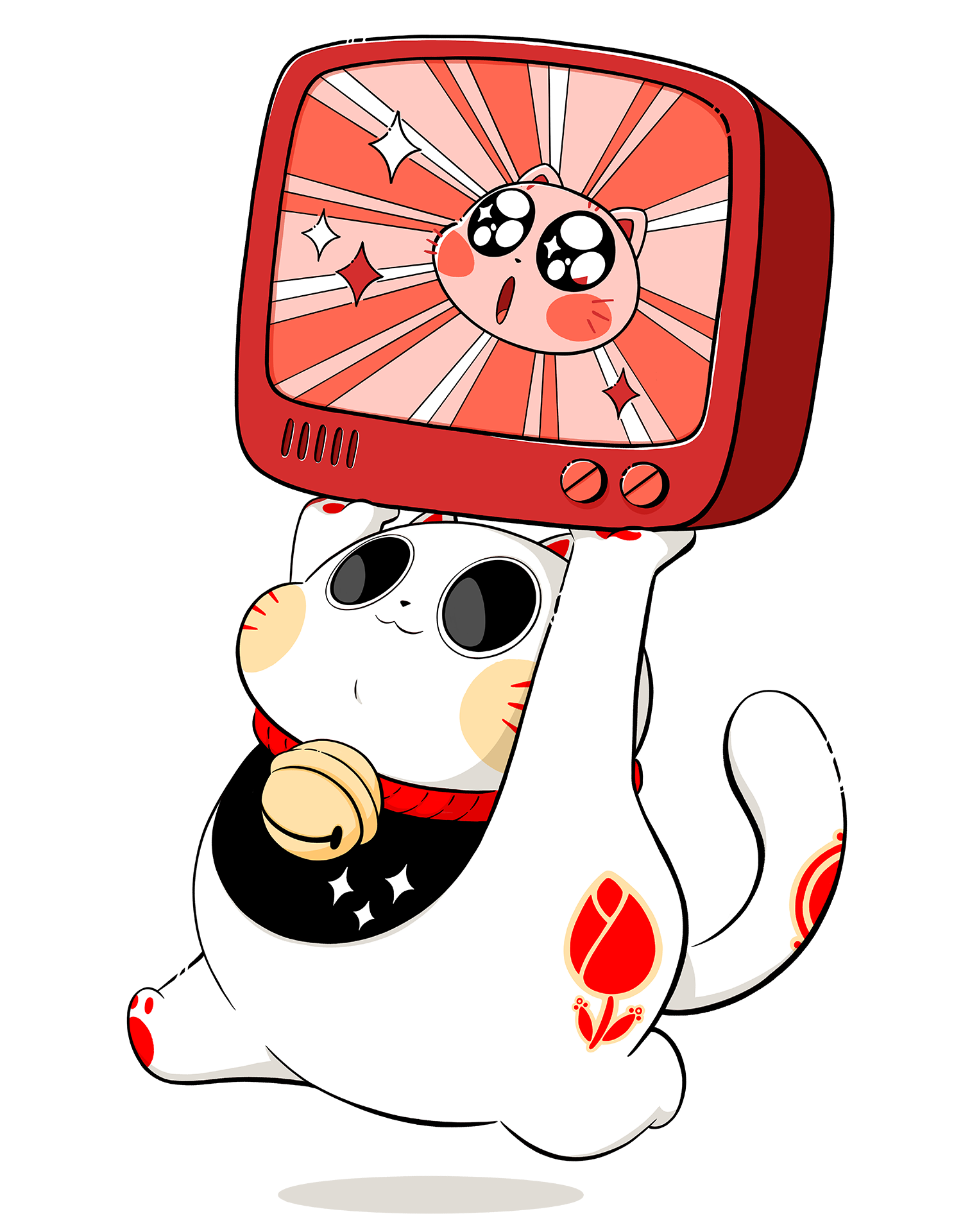 Mochi holding a television with anime