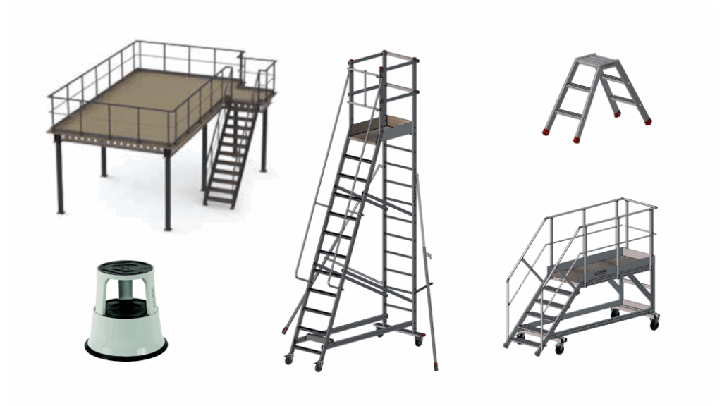 Industriële trappen en opstapjes, verrijdbare trapladders, werkplatformen