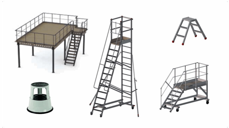 Industriële trappen en opstapjes, verrijdbare trapladders, werkplatformen