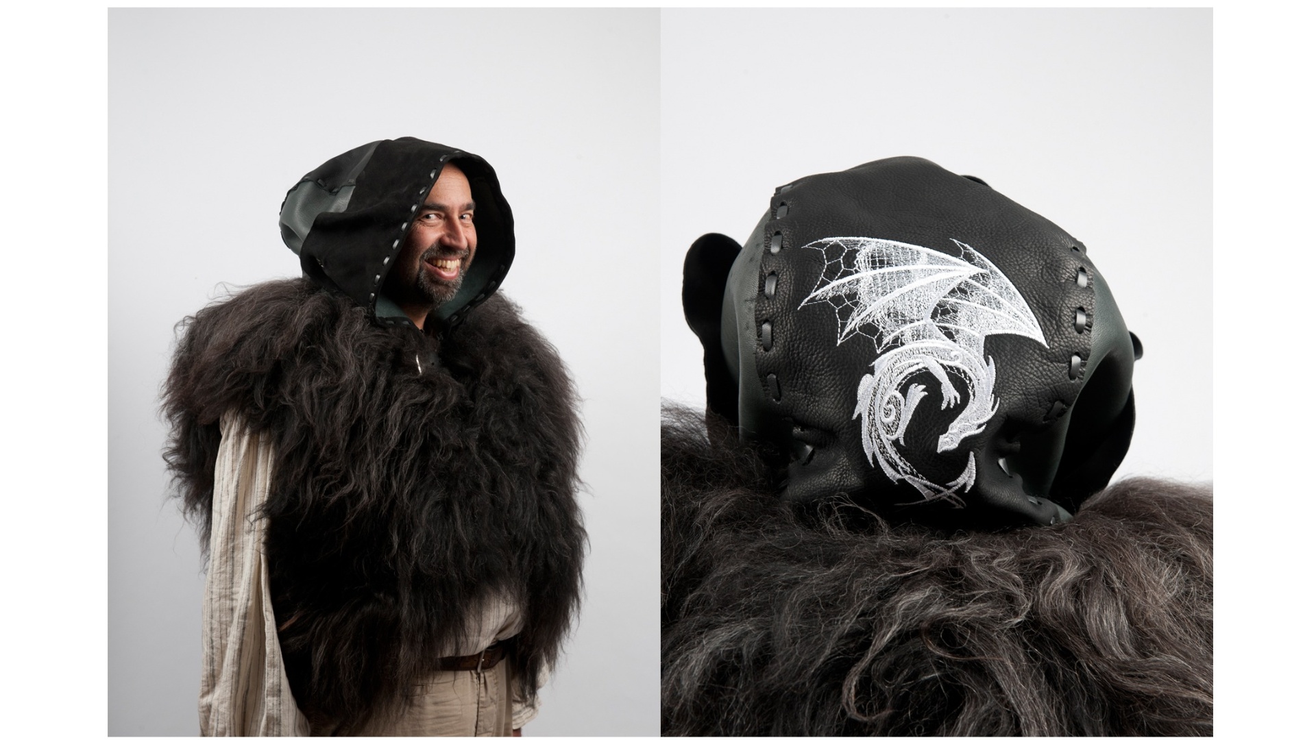 Grote kaproen gemaakt van echt leer en schapenvacht, met een mooi drakenborduursel.