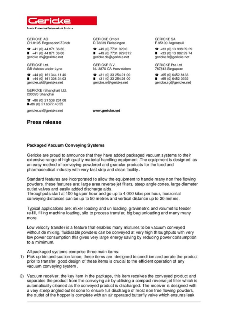 Gericke Packaged Vacuum Conveying Systems