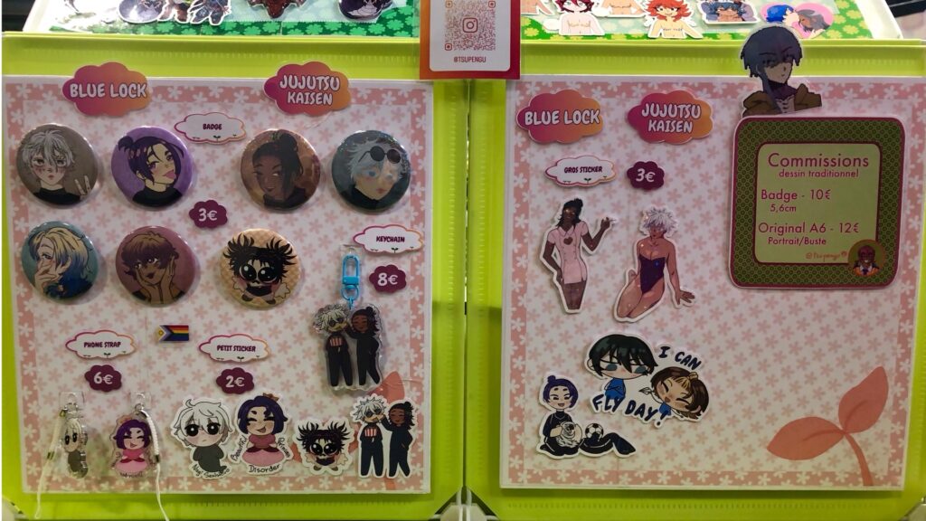 Jujutsu Kaisen + Blue Lock merch (pins, stickers, phone charms, keychain)