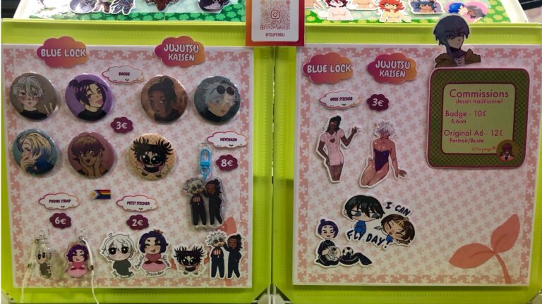 Jujutsu Kaisen + Blue Lock merch (pins, stickers, phone charms, keychain)