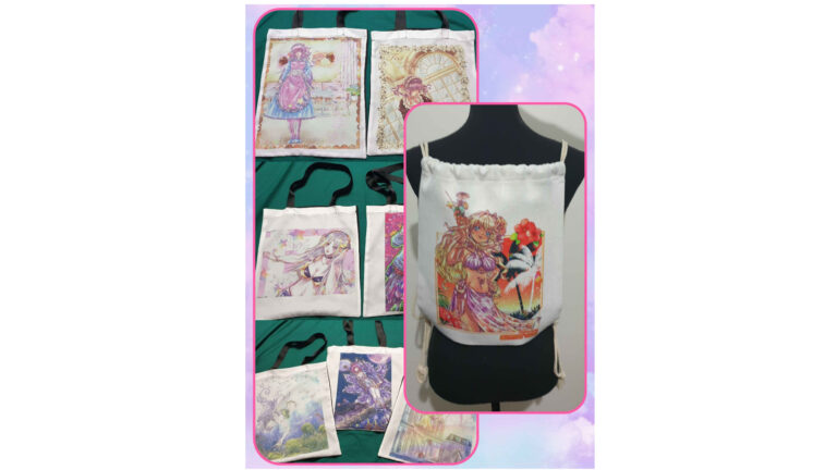 Some samples of Hoshi Arts Tote Bags/Backpacks with anime style illustrations.