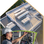 Campagnebeeld InstallTech & Bouw. Grafische visual van een gebouw met installaties op het dak en een technicus die installaties controleert met een tablet.