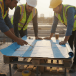 Bouwprofessionals bekijken samen bouwtekeningen op een bouwplaats in overleg over een project.