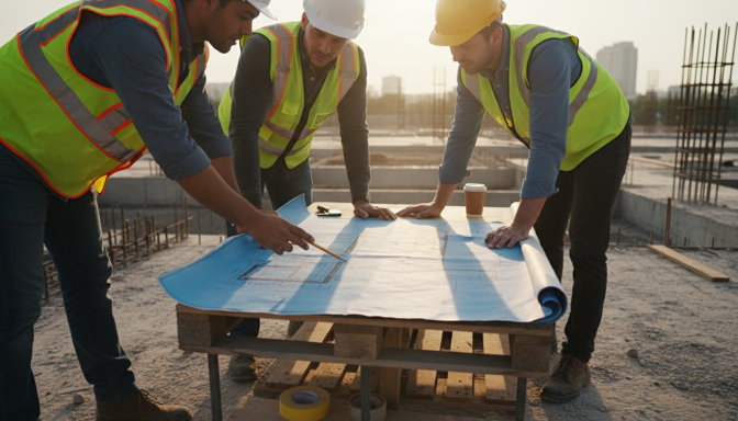 Bouwprofessionals bekijken samen bouwtekeningen op een bouwplaats in overleg over een project.