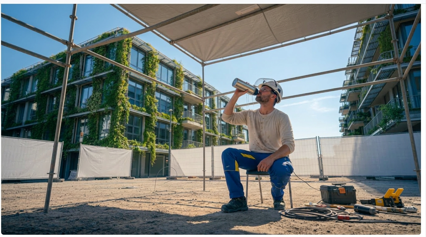 Installatiemonteur drinkt water op een bouwplaats onder een overkapping tijdens een hete zomermiddag, met felblauwe lucht, moderne gebouwen met groene gevels op de achtergrond.