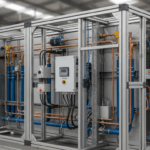 Prefab installatie opgebouwd als modulaire eenheid in een fabriekshal, klaar voor plaatsing op de bouwplaats.