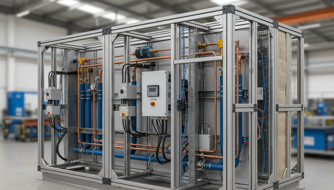 Prefab installatie opgebouwd als modulaire eenheid in een fabriekshal, klaar voor plaatsing op de bouwplaats.