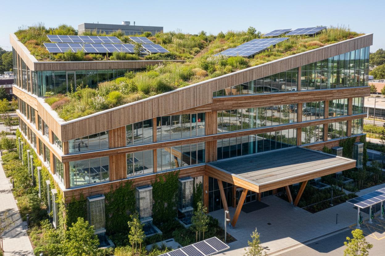 Duurzaam kantoorgebouw met groendak en zonnepanelen