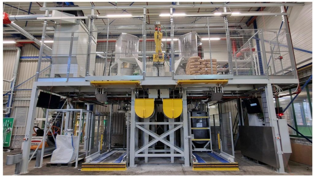 Robot zakkenleegsysteem met  automatisch container vullen en  transporten