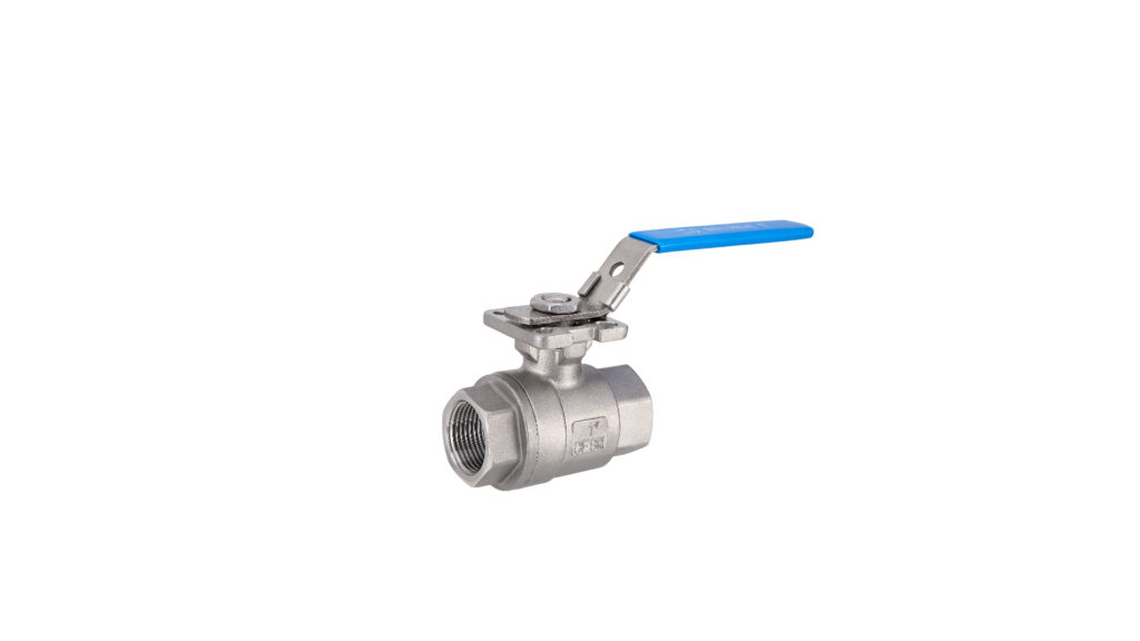 2-delige Kogelkraan G 1/2″ RVS 1.4408/PFTE, PN63 Binnendraad, volledige doorloop, met ISO 5211 opbouw en blauwe hendel.
