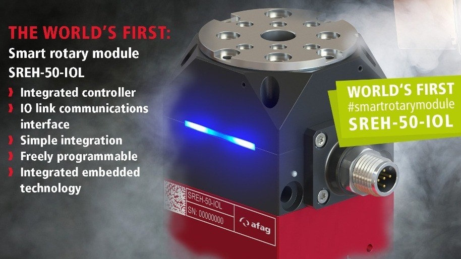 Hochflexibel einsetzbar. Das elektrische Smartrotationsmodul SREH-50-IOL. Mittels der IO-Link Technologie wird die Energieversorgung des Moduls sichergestellt und die Signale an die kundenseitige SPS übermittelt.