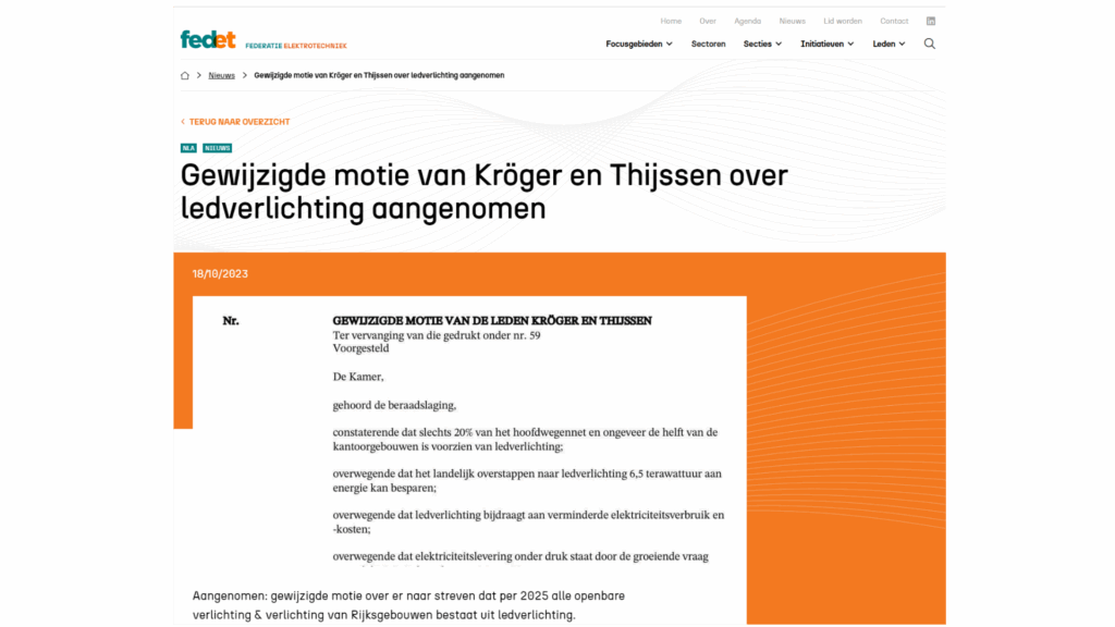 Gewijzigde motie van Kröger en Thijssen over ledverlichting aangenomen