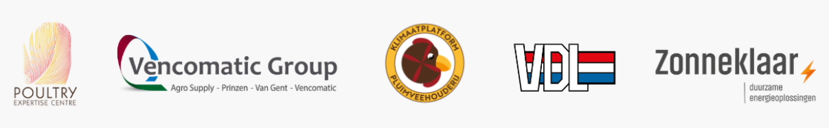Logo's van Poultry Expertise Centre, Vencomatic, Klimaplatvorm, VDL en Zonneklaar