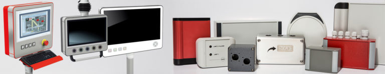 Design-enclosures made from diecast aluminium, ABS, polyester, flame retardant and UV-stable Luran, modern suspension arm systems, command enclosures and mobile handheld control enclosures.