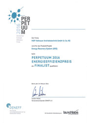 Qualifikation als Finalist mit dem ENERGY-RECOVERY-SYSTEM (ERS) beim “PERPETUUM 2016 Energieeffizienzpreis” der Deutschen Unternehmensinitiative Energieffizienz (DENEFF)