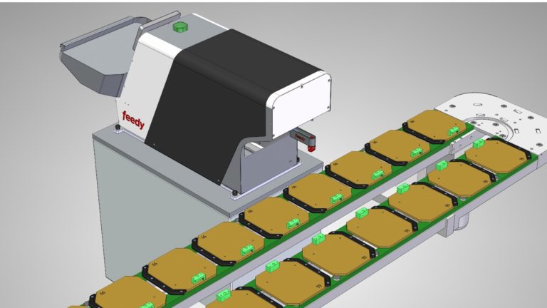 feedy kombiniert mit Paromat Transfersystem  –  für die automatische Montage und die Bestückung von Spritzgussmaschienen