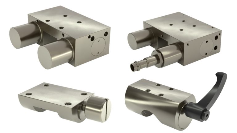 Manual and pneumatic clamping and braking elements for round shafts and guide rails