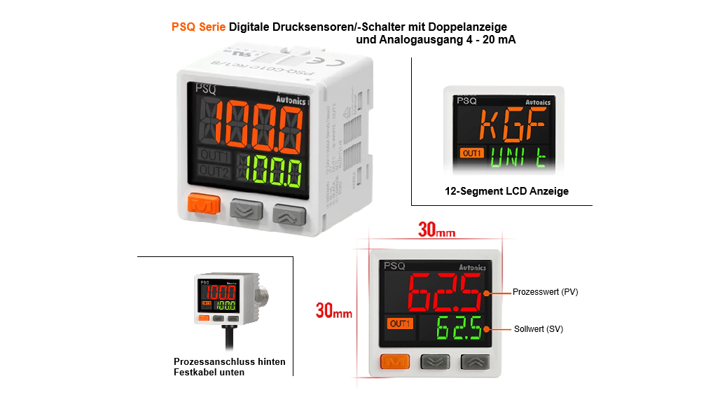 PSQ Serie : Digitale Drucksensoren-/Schalter mit Doppelanzeige und Analogausgang 4 – 20mA