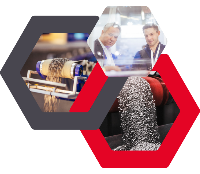 komplexe Grafik mit drei Granulat in rot und grau in enen drei Bilder sind, die Besucher und Maschinen zeigen