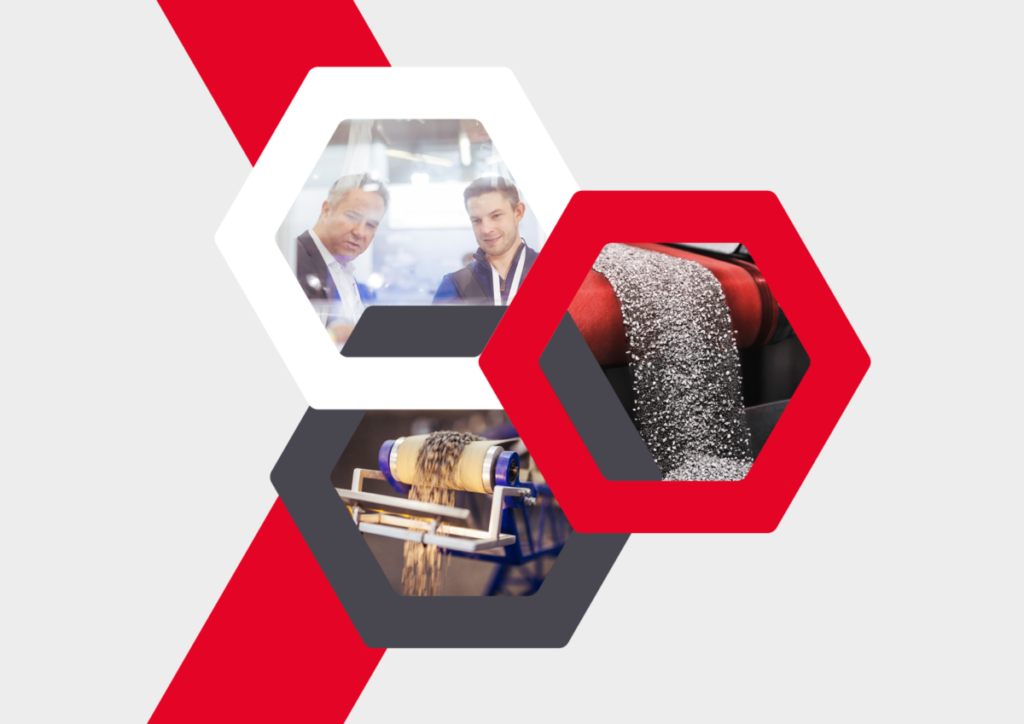 komplexe Grafik mit drei Granulat in rot und grau in denen drei Bilder sind, die Besucher und Maschinen zeigen