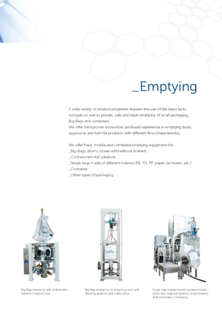 Emptying of small packaging, Big-Bags and containers