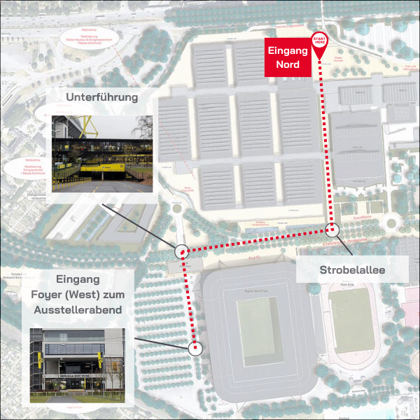 Geländeübersicht von der Messe Dortmund und dem Stadion, mit einer rot gestrichelten Linie ist er Fußweg von der Messe zum Stadn eingezeichnet