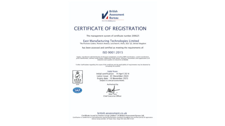 East Manufacturing Technologies Ltdpasses annual ISO 9001:2015 audit.