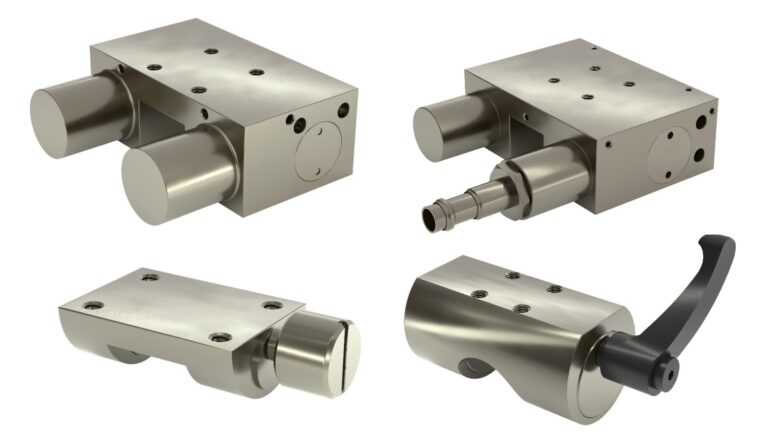 Manual and pneumatic clamping and braking elements for round shafts and guide rails