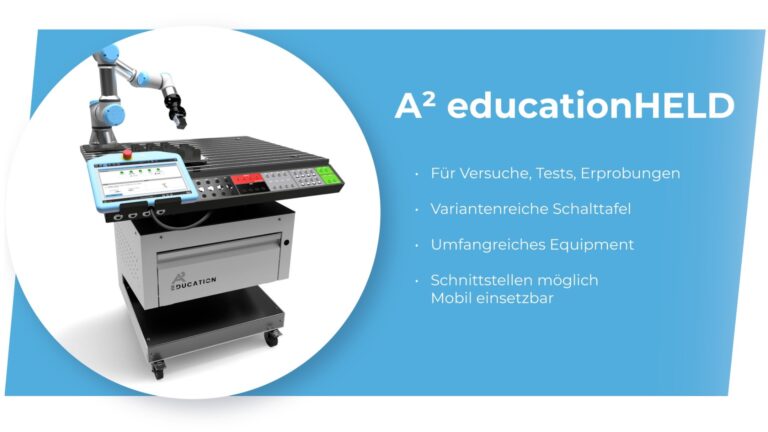 A² educationHELD: Our specialist for experiments, tests and trials: mobile frame. Small design, can be used at different workstations, easy to teach, interface to communicate with other systems.