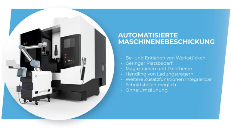 Automated machine loading: loading and unloading of workpieces, low space requirement, magazining and palletizing, handling of load carriers, further additional functions can be integrated, interfaces possible, without fencing