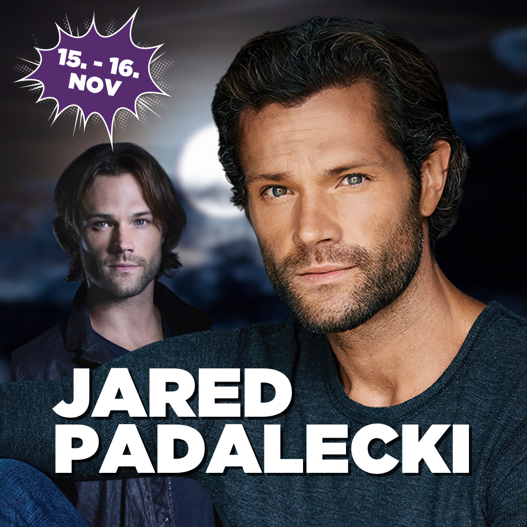 Photo of Jared Padalecki in the foreground and a picture of him as Sam Winchester in the background. In the back there is a dark night sky with a moon. To the top left there is a purple speech bubble with the event dates.