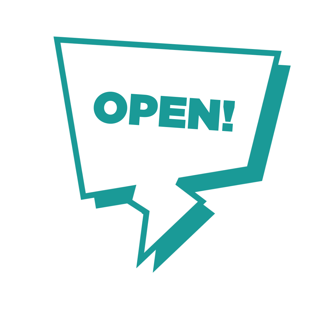 Speech bubble with the word open inside.