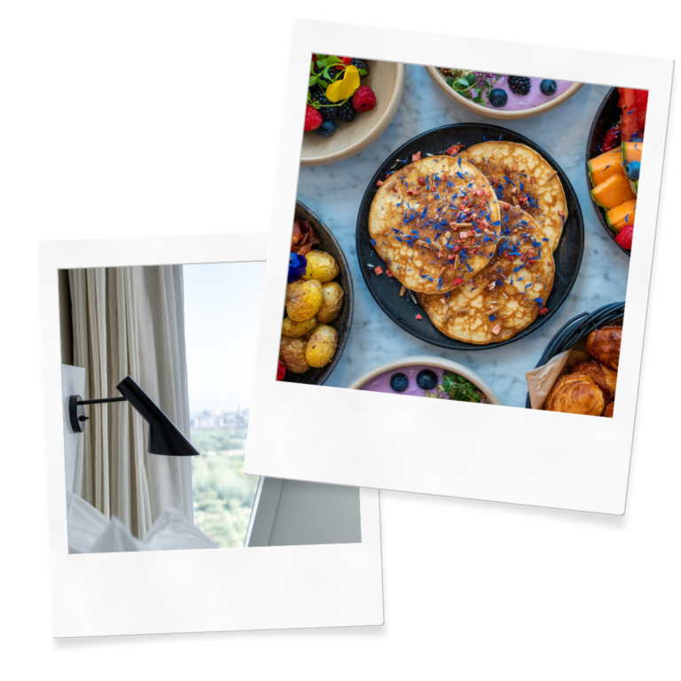 two polorids with images from breakfast at AC hotel bella sky and the hotel room itself