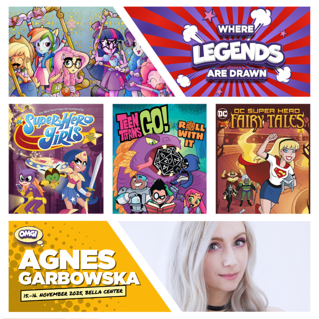 Collage of Agnes Garbowska's work alongside a portrait of her. All arranged in a comic book style frame.