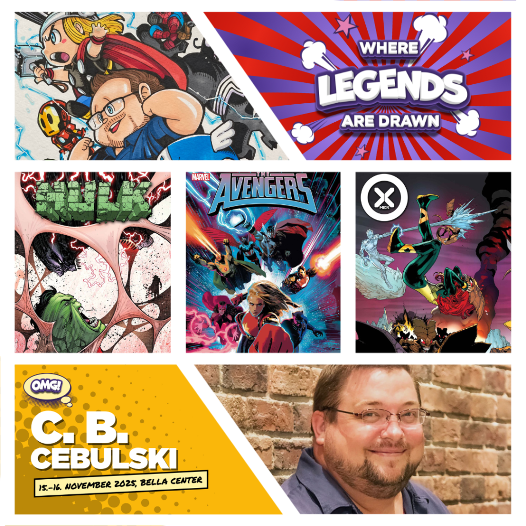 Collage of C. B. Cebulski, Editor-in-cheif for Marvel Comics, surrounded by covers from series he has worked with.