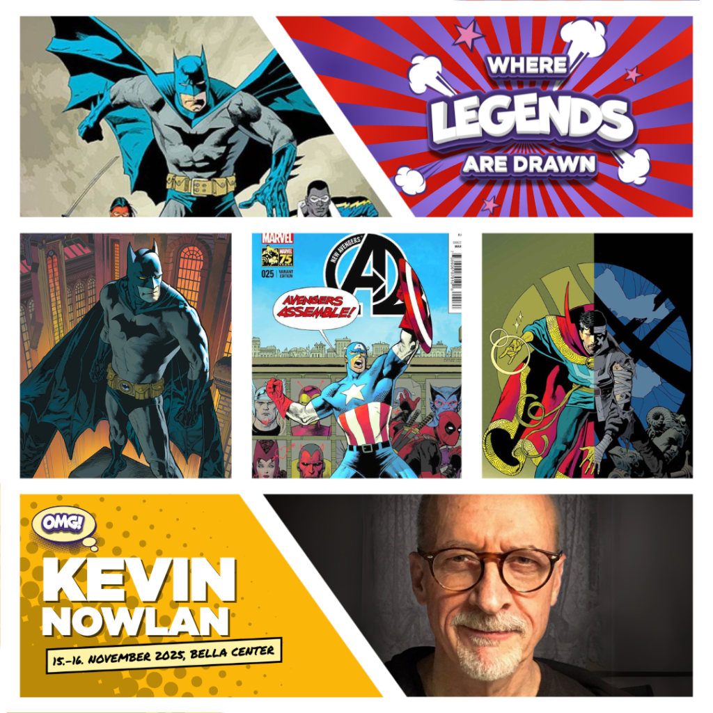 Collage of the comic artworks of Kevin Nowlan and a photo of him in the corner.